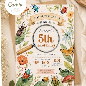 Puede incluir: Una tarjeta de invitación de cumpleaños con ilustraciones en acuarela de varios insectos, hojas y setas. El texto dice: HOP, BUZZ & CRAWL ON OVER FOR Sawyer's 5th Birthday, JOIN US TO CELEBRATE! JULY 18th SATURDAY 1:00 PM 1234 BUG STREET, BEETLE, FL 32755.