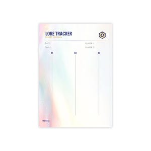 May include: A rectangular Disney Lorcana Lore Tracker score sheet with a soft, iridescent pastel background. The top features the text LORE TRACKER, fields for date, table, and players, and a hexagonal logo. Three columns labeled R1, R2, and R3 are provided.