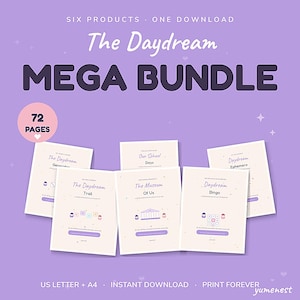Peut inclure: Un ensemble de produits numériques comprenant six documents imprimables sur un fond violet clair. Le texte indique : SIX PRODUCTS - ONE DOWNLOAD, The Daydream MEGA BUNDLE, 72 PAGES, ainsi que les titres The Daydream Generator, Our School Days, Daydream Ephemera, The Daydream Trail, The Museum Of Us et Daydream Bingo.