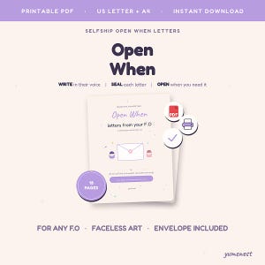 Könnte beinhalten: Ein druckbares PDF-Set mit Open When-Briefen auf hellcremefarbenem Hintergrund mit violettem Text und Grafiken. Das Dokument enthält den Titel Open When, Anweisungen zum Schreiben, Versiegeln und Öffnen sowie Symbole für PDF, Drucker und ein Häkchen.