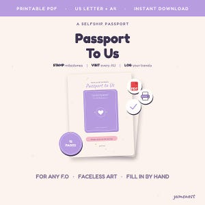 May include: A printable PDF passport booklet titled Passport To Us, featuring a purple cover with a heart icon. The document includes 12 pages for logging travels and stamping milestones. Icons for PDF, printing, and a checkmark are displayed alongside.