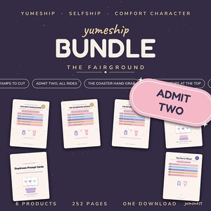 Könnte beinhalten: Ein Yumeship-Bundle als digitaler Download mit dem Titel The Fairground, bestehend aus sechs druckbaren Karten mit pastellfarbenen Prompts, darunter Date Night Headquarters und The Celebration Archive, mit einem rosa ovalen Etikett mit der Aufschrift ADMIT TWO.