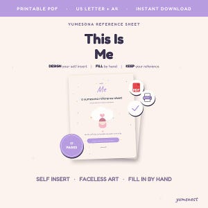 Puede incluir: Una hoja de referencia Yumesona en descarga digital titulada This Is Me. El documento incluye 17 páginas para el diseño de personajes, con un gráfico de nube con un corazón, colores pastel e iconos de PDF, impresión y finalización.