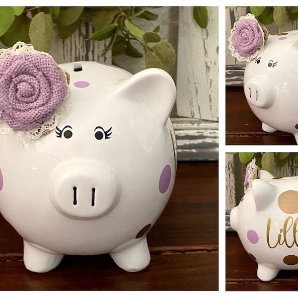 Large Personalized Burlap Rose Piggy bank, Banks for girls, piggy bank, polka dot bank, birthday , custom piggy banks, baby's first bank,