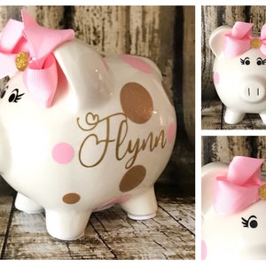 Personalized Large Piggy Banks for girls, Light Pink and Gold polka dots, Baby's first birthday, Baby shower gift, piggy bank