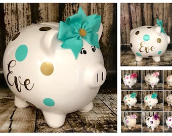 Ceramic Cute Blue Dotty Baby Elephant Coin Money Piggy Savings Bank Box Gift Art 