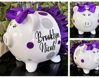 Personalized Piggy Bank, Purple and silver Polka dot tut bank, piggy banks for girls, polka dot bank bank,girls bank,baby shower,piggy bank