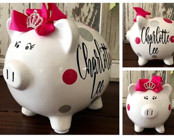 LARGE Personalized Piggy Bank, Hot Pink and Silver dots, piggy bank for girls,1st birth day,baby shower gift, newborn bank,Birthday present