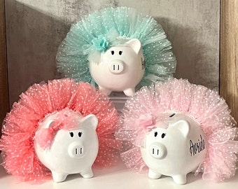 Large Personalized Light Pink polka dot tulle tutu, piggy bank,banks for Girls, piggy bank,,ballerina dancer bank, polka dot bank