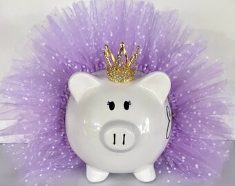 Personalized Lavender polka dot Handmade tulle tutu, piggy bank, banks for Girls, piggy bank, crown and tutu bank, polka dot bank, coin bank