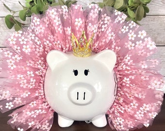 Large Personalized Glitter Pink Daisy themed Piggy Bank, flower piggy banks for girls, tutu bank, crown and tutu, piggy bank, baby gift