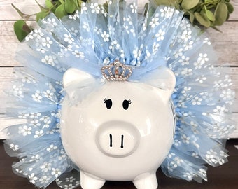 Large Personalized Glitter Daisy themed Piggy Bank, flower piggy banks for girls, tutu bank, crown and tutu, piggy bank,1st bank, baby gift