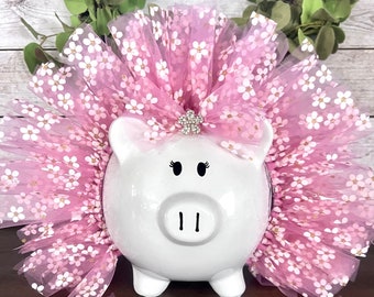 Large Personalized Glitter Pink Daisy themed Piggy Bank, flower piggy banks for girls, tutu bank, crown and tutu, piggy bank, baby gift