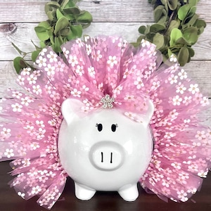 Large Personalized Glitter Pink Daisy themed Piggy Bank, flower piggy banks for girls, tutu bank, crown and tutu, piggy bank, baby gift