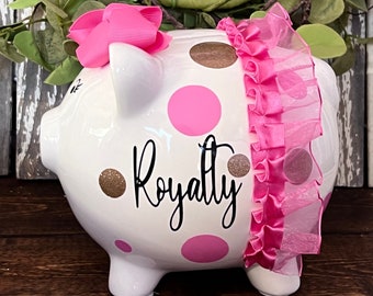 Personalized Large Piggy Bank, Pink and Gold Polka dot bank, piggy banks for girls, polka dot tutu bank , bank,baby shower,piggy bank