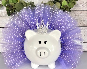 Personalized Light Purple polka dot Handmade tulle tutu, piggy bank, banks for Girls, piggy bank, crown and tutu bank, polka dot, coin bank