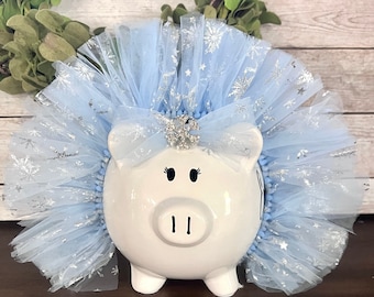 Large Personalized Glitter Light Blue snowflakes themed Piggy Bank, flower piggy banks for girls, crown and tutu bank, piggy bank, baby