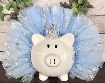 Large Personalized Glitter Light Blue snowflakes themed Piggy Bank, flower piggy banks for girls, crown and tutu bank, piggy bank, baby