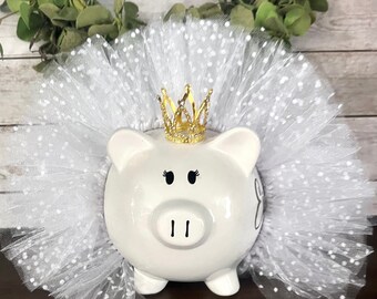 Personalized White polka dot Handmade tulle tutu, piggy bank, banks for Girls, piggy bank, crown and tutu bank, polka dot bank, coin bank