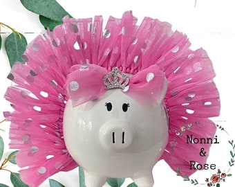Large Personalized Pink polka dot tulle tutu, piggy bank,banks for Girls, piggy bank,,ballerina dancer bank, polka dot bank