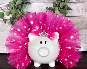 Large Personalized Hot Pink polka dot tulle tutu, piggy bank, banks for Girls, piggy bank, ballerina dancer, silver polka dot bank