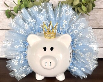 Large Personalized Glitter Light Blue Daisy themed Piggy Bank, flower piggy banks for girls, tutu bank, crown and tutu, piggy bank, baby