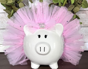 Personalized Large Piggy Bank, Light Pink crystal tulle tutu bank, piggy banks for girls, Piggy bank, custom banks, baby's first piggy bank