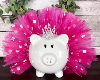Large Personalized Hot Pink polka dot tulle tutu, piggy bank, banks for Girls, piggy bank, ballerina dancer, silver polka dot tulle bank