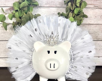 Large Personalized white silver polka dot tulle tutu, piggy bank, banks for Girls, piggy bank, ballerina dancer, silver polka dot bank