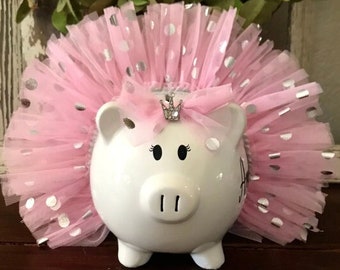 Large Personalized Light Pink polka dot tulle tutu, piggy bank, banks for Girls, piggy bank, ballerina dancer, silver polka dot bank