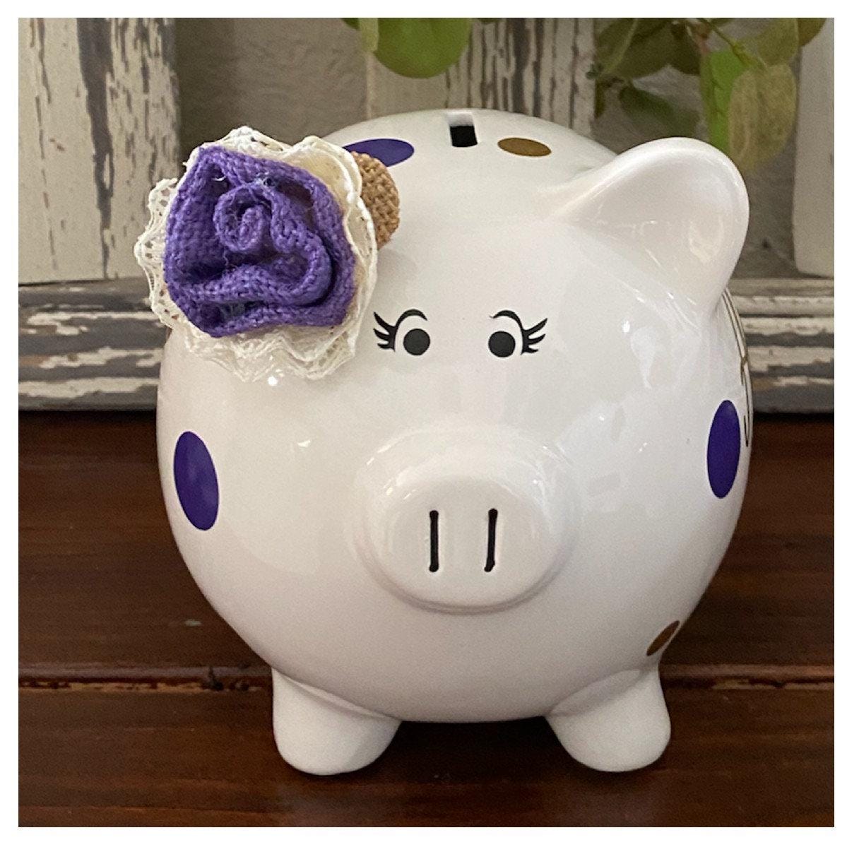 Large Personalized Burlap Rose Piggy Bank, Banks For Girls, Piggy Polka Dot Birthday, Custom Banks, Baby's First