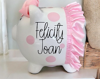 Personalized Light Pink Piggy bank,polka dot piggy bank, banks for girls, banks for boys, glitter piggy banks, piggy bank, tutu piggy bank