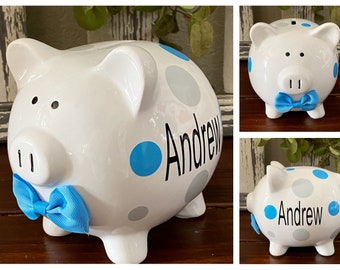 Personalized Boys Piggy Bank, piggy banks for boys, Grey and blue dots, college fund, Gray piggy bank,money counter, coin holder