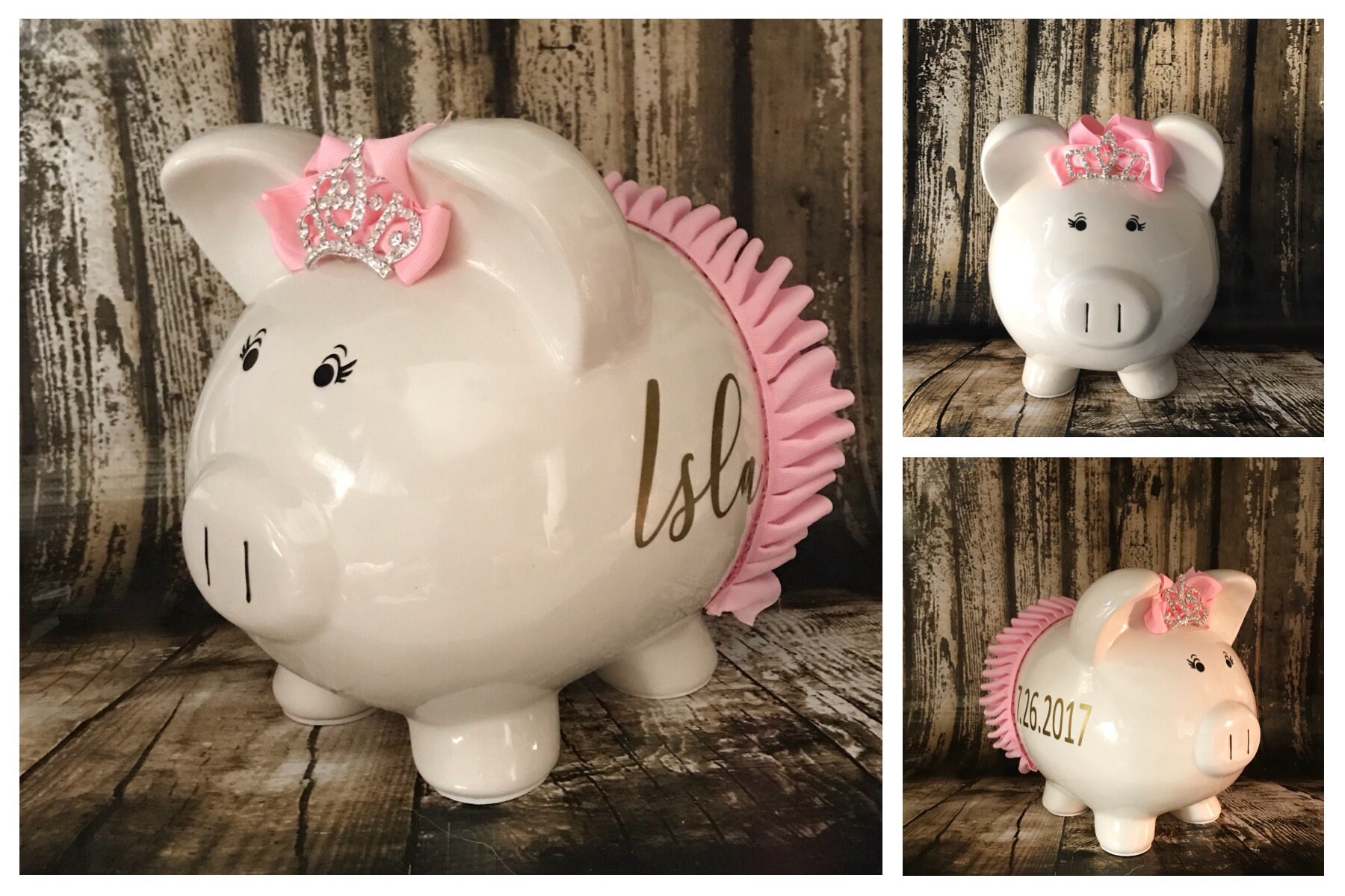 LARGE Personalized pink piggy bank girl piggy Bank with crown Etsy