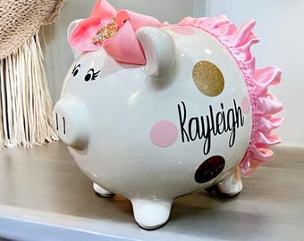 Personalized Light Pink Piggy Bank, Piggy banks for girls, light Pink and Gold polka dot bank, banks for girls, tutu piggy