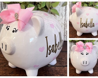 Personalized piggy bank,Pink heart piggy bank,banks for girls, piggy bank, birthday banks, custom piggy banks, baby's first piggy bank