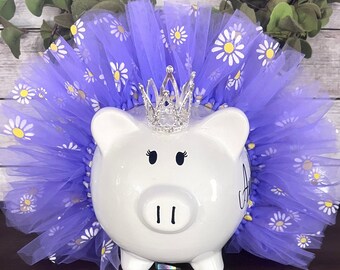 Large Personalized Daisy themed Piggy Bank,piggy banks for girls,Dancer bank,tutu bank,tulle tutu,piggy bank,1st bank,baby shower gift