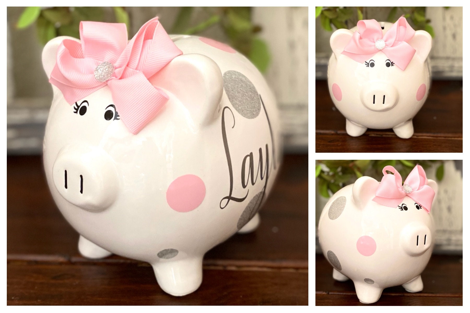 Dot piggy bank in earthenware with pink accents.