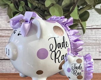 Personalized Small Piggy bank, Lavender And Gold glitter polka piggy bank, tutu bank, banks for girls, Piggy Bank, birthday piggy banks