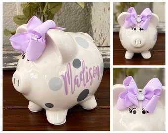Personalized Large piggy banks for girls, Lavender piggy bank, glitter piggy bank, piggy bank, baby shower piggy , baby's first piggy bank