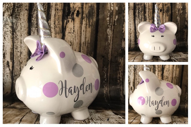 Large Personalized Unicorn Piggy Bank Light Pink and Silver Etsy