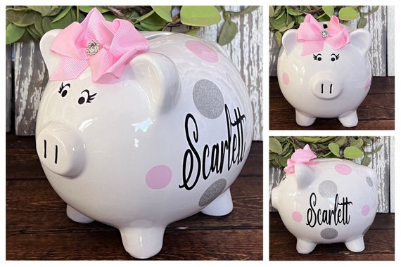 Personalized Large Light Pink and Glitter Silver Polka Piggy Bank