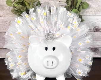 Large Personalized White Daisy themed Piggy Bank,piggy banks for girls,Dancer bank,tutu bank,tulle tutu,piggy bank,1st bank,baby shower gift