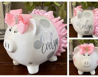 Personalized Large Piggy Bank, Light Pink and silver Polka dot bank, piggy banks for girls, polka dot bank,girls bank,baby shower,piggy bank