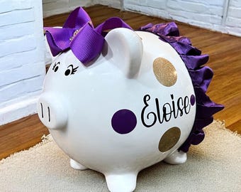 Personalized Purple Piggy bank for girls - ballerina tutu polka dot bank - piggy bank - crown bank - piggy bank for kids -  tutu piggy bank