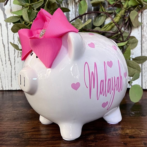 Baby Girl Pink Heart Personalized Piggy Bank