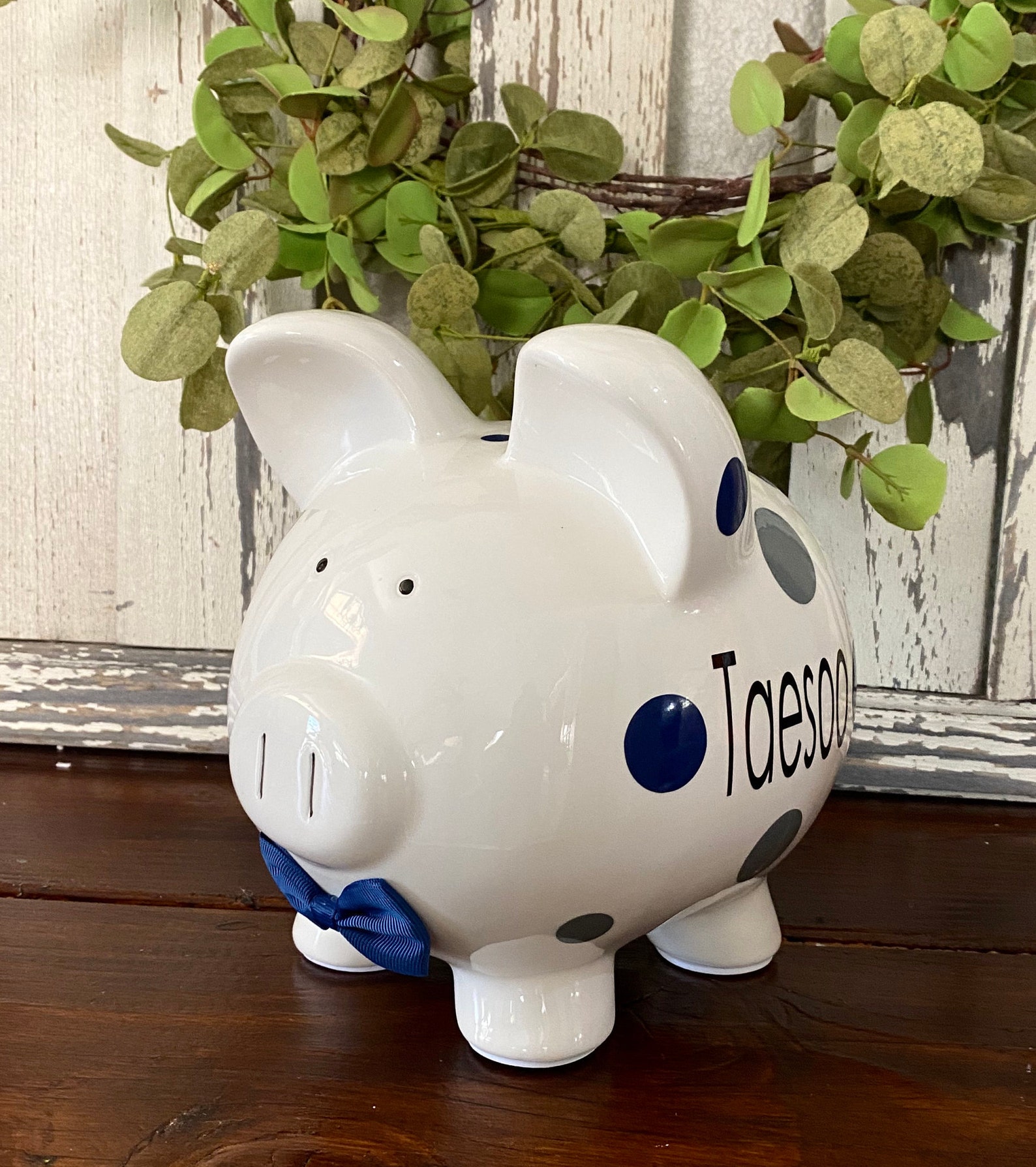 Personalized Large Piggy Bank for Boys Dark Blue Gray Polka Etsy