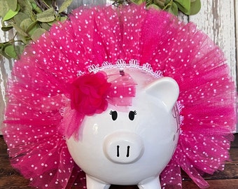 Large Personalized Hot Pink handmade polka dot tulle tutu, tulle tutu, banks for Girls, piggy bank, ballerina dancer bank, polka dot bank