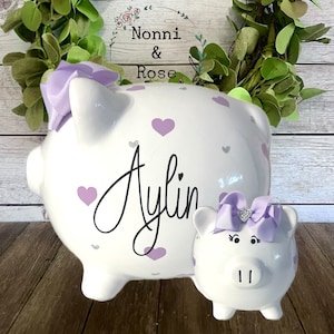 Personalized Heart Lavender and Silver banks for girls, girl bank, piggy bank, Pink heart bank, Baby shower bank, baby's first piggy bank