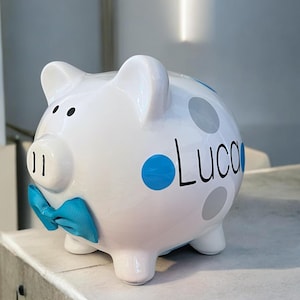 Personalized Boys Piggy Bank, piggy banks for boys, Light Grey and ice blue, , college fund, Gray piggy bank,money counter, coin holder
